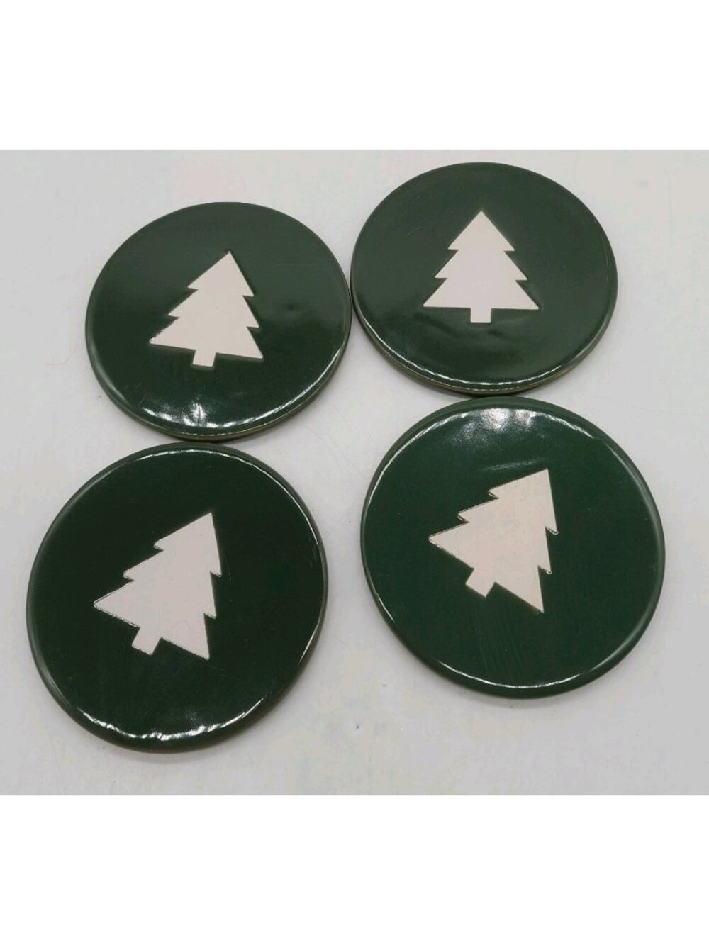 Christmas Tree Coasters Round Green White Natural Elements Set Of 4